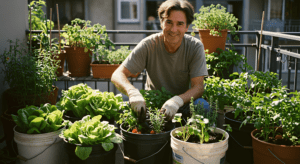 Man showing bucket gardening ideas