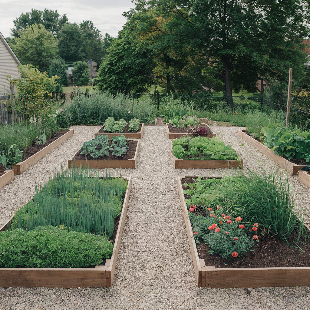Raised garden beds uniformly laid out in the back yard.