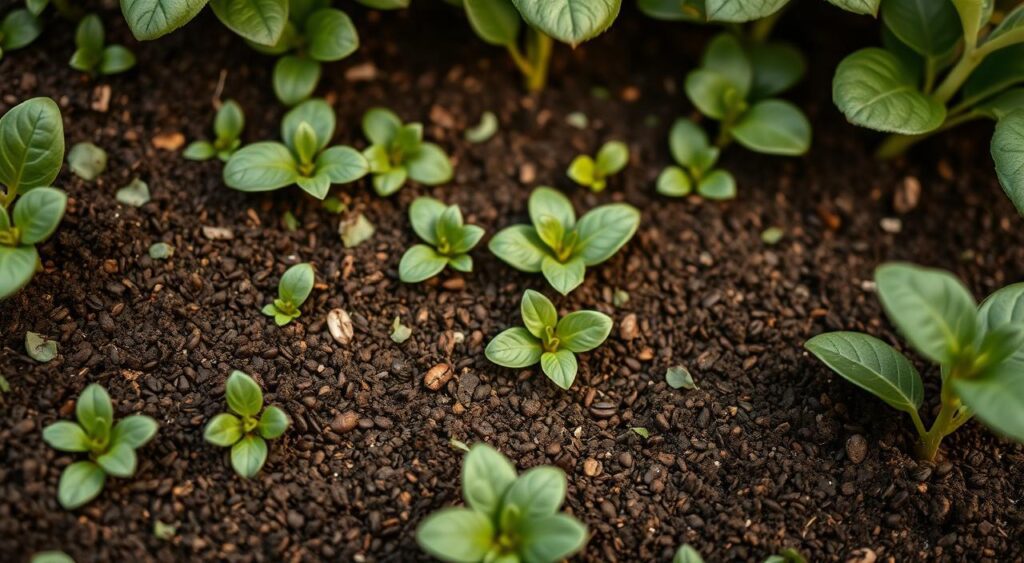 A close-up photograph of coffee grounds scattered across a lush, verdant garden bed. The grounds are arranged in an intentional pattern, partially covering the soil and surrounding the bases of plants. The lighting is soft and diffused, casting a warm, earthy tone over the scene. The focus is sharp, emphasizing the granular texture and dark color of the coffee grounds, which contrast beautifully with the vibrant green foliage. The overall composition conveys a sense of natural, sustainable gardening practices, with the coffee grounds serving as an eco-friendly pest deterrent. The angle is slightly elevated, providing a slightly overhead perspective that highlights the intentional placement of the grounds.