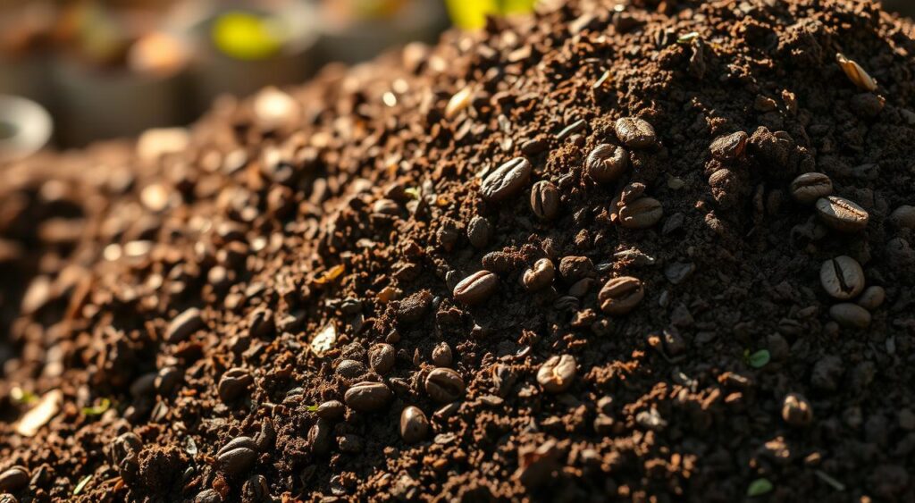 A close-up shot of a pile of rich, dark brown compost with a generous sprinkling of fresh coffee grounds. The compost has a moist, earthy texture and is peppered with small bits of organic matter. Sunlight gently filters through the scene, casting a warm, natural glow over the mixture. The background is blurred, keeping the focus on the foreground details. The overall composition conveys the idea of a thriving, nutrient-dense soil amendment that will nourish and enrich a garden's ecosystem.