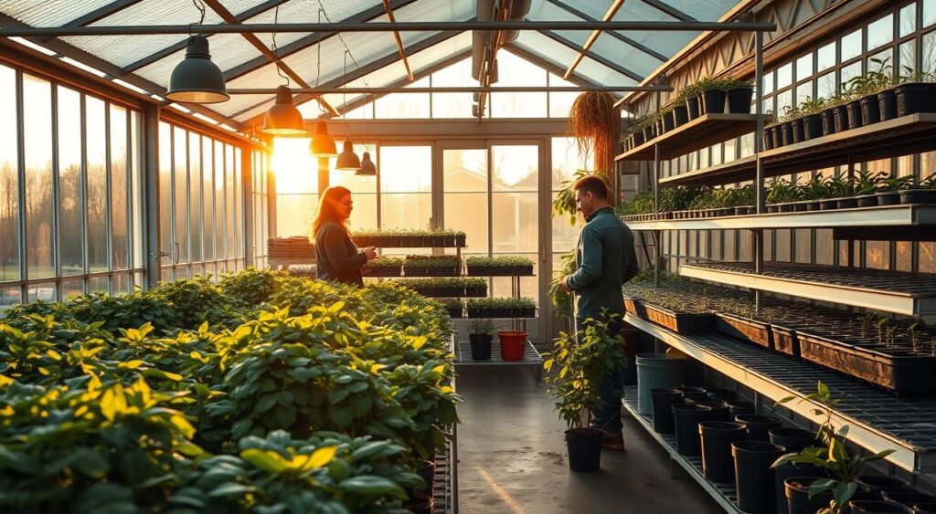 A cozy, well-lit greenhouse during the spring season. In the foreground, lush potted plants thrive under the soft glow of hanging lights. In the middle ground, shelves of seedlings and propagating trays showcase the seasonal cycle of growth. The background reveals large windows letting in warm natural light, casting a golden hue over the entire scene. The greenhouse's clean, organized layout and the gardener's careful attention to detail convey a sense of peaceful productivity.