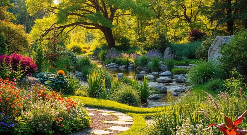 A lush, naturalistic garden unfolds, a harmonious blend of vibrant flora and tranquil water features. In the foreground, a meandering path winds through a tapestry of diverse perennials, their colors and textures complementing each other in a delicate balance. The middle ground showcases a gently flowing stream, its banks lined with graceful grasses and strategically placed boulders, creating a soothing, meditative atmosphere. In the background, a verdant canopy of mature trees filters the warm, golden sunlight, casting a soft, dappled glow across the scene. The overall composition radiates a sense of balance and ecological harmony, inviting the viewer to immerse themselves in the natural splendor.