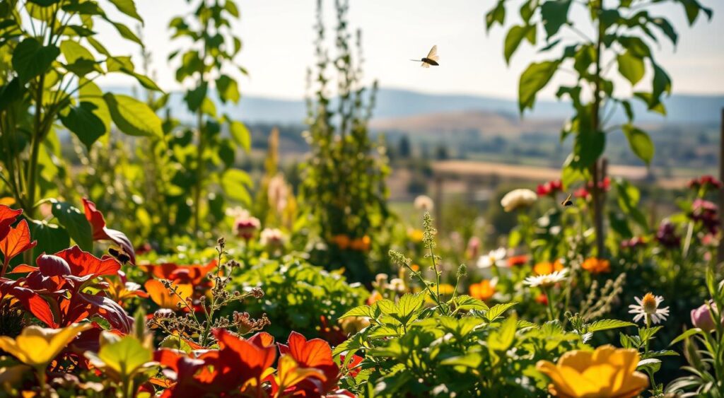 A lush, vibrant garden scene showcasing the benefits of companion planting. In the foreground, colorful vegetables and herbs thrive together, their leaves gently swaying in the warm, golden sunlight. In the middle ground, tall, leafy plants provide natural shade and support, while various pollinators flutter among the blooms. The background reveals a picturesque landscape, with rolling hills and a distant treeline, creating a serene and harmonious atmosphere. The scene is captured with a shallow depth of field, emphasizing the interplay of textures, colors, and the symbiotic relationship between the plants. An immersive, realistic representation of the joys and advantages of companion gardening.