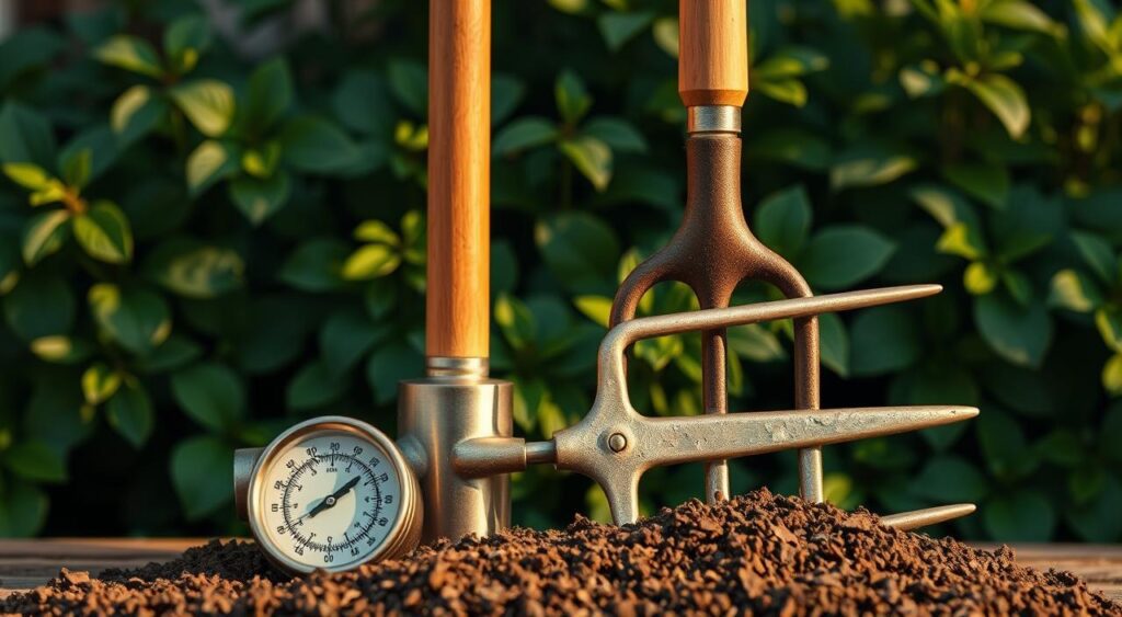 A neatly arranged still life featuring a rugged compost thermometer and a sturdy pitchfork against a backdrop of lush, verdant foliage. The thermometer's sleek metallic body glistens under warm, directional lighting, while the wooden handle of the pitchfork casts a soft, natural shadow. The overall scene conveys a sense of active, hands-on engagement with the composting process, reflecting the dedicated care and attention required for successful home cultivation. The composition is balanced, with the tools positioned in the foreground for maximum impact, inviting the viewer to envision themselves actively managing their own compost pile.