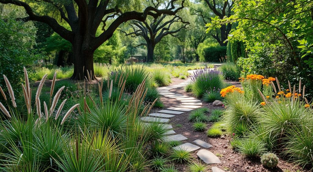 A tranquil naturalistic garden design with a low-maintenance layout. In the foreground, a mix of drought-tolerant perennials, ornamental grasses, and succulents create a lush, textural tapestry. The middle ground features a meandering stone path winding through native plants and wildflowers. Towering trees in the background provide dappled shade and a sense of enclosure. The lighting is soft and diffused, casting gentle shadows that accentuate the organic forms. The overall mood is one of effortless beauty and harmony, reflecting a naturalistic gardening approach that requires minimal upkeep.