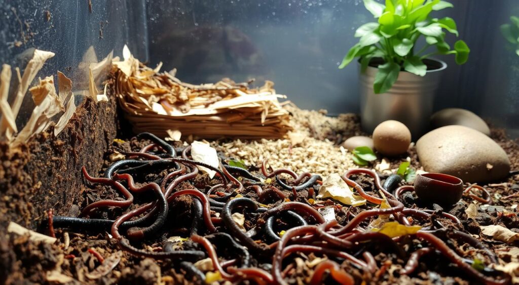 A well-lit, close-up view of a diverse worm habitat setup. In the foreground, a transparent container filled with moist, nutrient-rich soil and decaying organic matter, teeming with earthworms of various sizes and colors. Midground showcases layers of bedding material like shredded paper, cardboard, and leaves, creating a cozy, layered environment. In the background, a lush, potted plant and a few small, decorative rocks add natural elements. Soft, diffused lighting from above casts gentle shadows, highlighting the intricate textures and movements of the worms as they burrow and feed. The overall scene conveys a sense of thriving, balanced ecosystem ready to enrich garden soil.