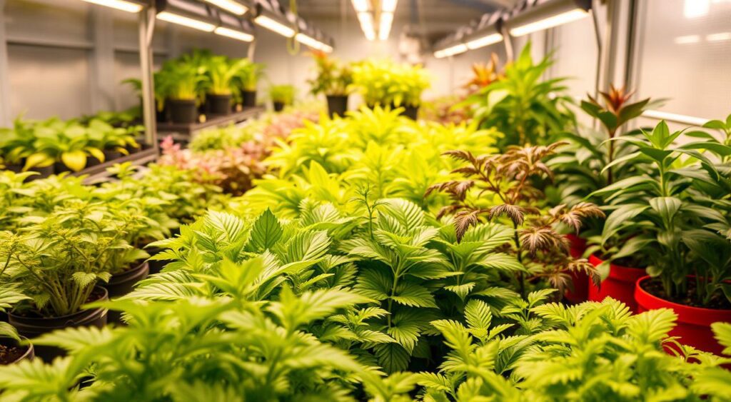 Greenhouse with various plants and LED grow lights