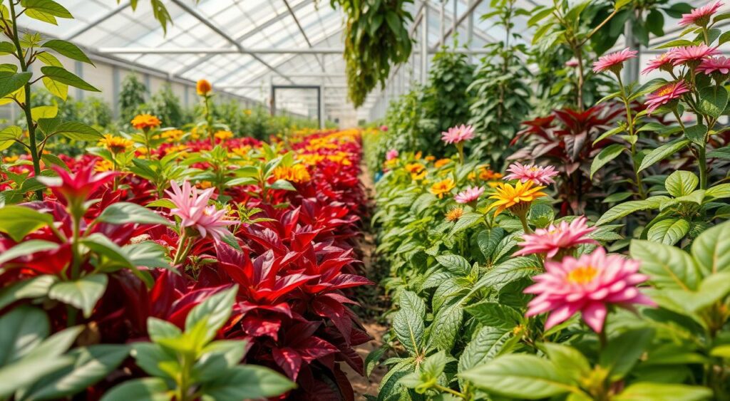 Image of a greenhouse with healthy plants and a few pests