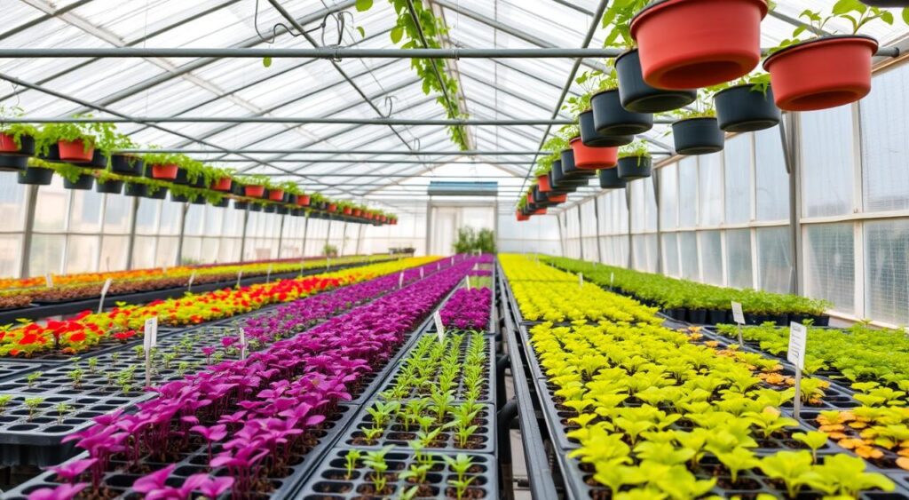 Image of a greenhouse with various seedlings and seed trays