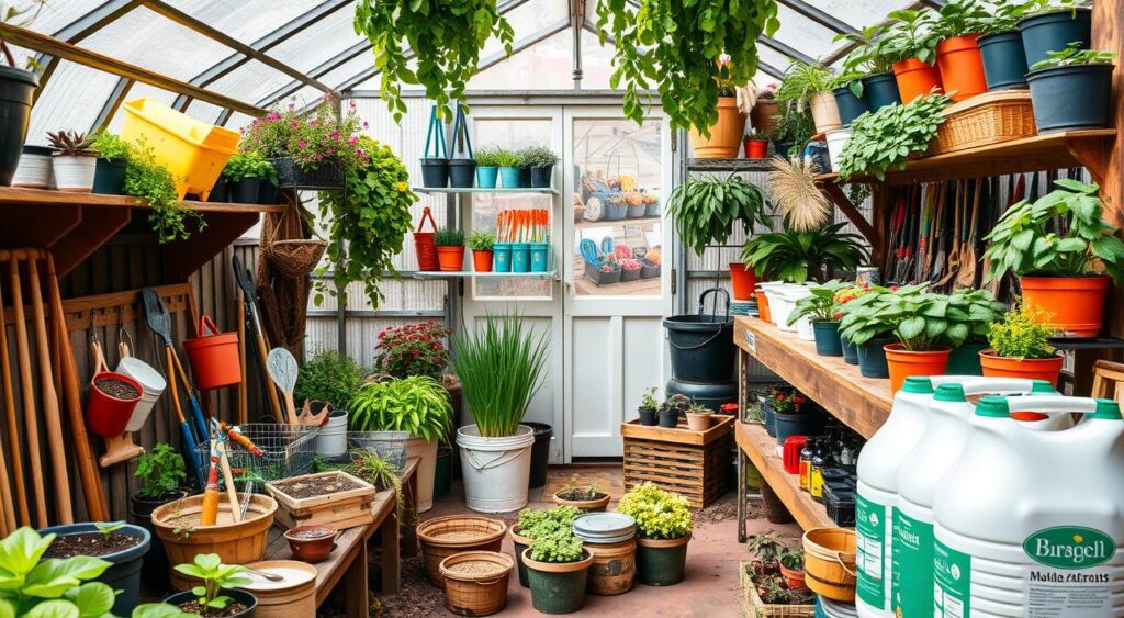 Image of a well-organized greenhouse with various gardening equipment and supplies