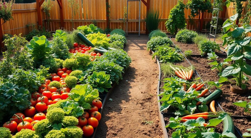 a detailed, highly realistic, high-resolution image of a vegetable garden layout, with a lush, well-organized arrangement of various fresh produce including tomatoes, lettuce, carrots, zucchini, and leafy greens, arranged in neat rows with winding paths in between. The garden is set in a warm, sun-dappled landscape, with a wooden fence or trellis in the background, and a bright, inviting atmosphere that suggests a thriving, productive space ideal for companion planting. The lighting is natural and diffuse, creating soft shadows and highlights that accentuate the textures and colors of the vegetables. The camera angle is slightly elevated, providing a comprehensive view of the entire garden layout, allowing the viewer to appreciate the thoughtful design and layout of the different elements.