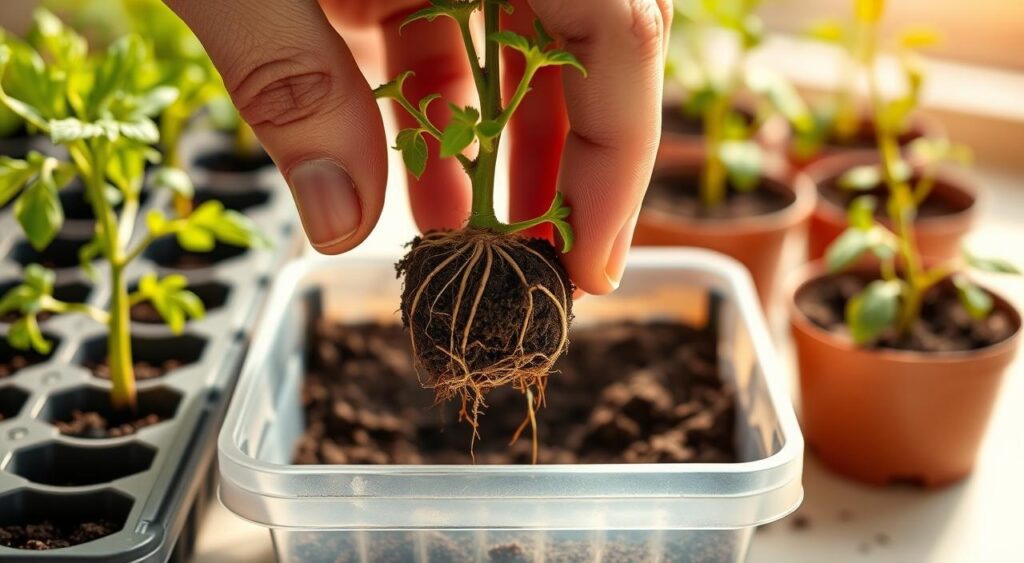 A close-up, detailed step-by-step view of transplanting tomato seedlings. The foreground shows a hand gently lifting a young tomato plant from its seed tray, exposing its delicate root system. The middle ground features a clean potting tray or container, with fresh soil ready to receive the transplanted seedling. In the background, additional tomato seedlings await their turn to be carefully relocated. Warm, diffused natural lighting illuminates the scene, creating a sense of care and attention. The composition emphasizes the precise, nurturing process of transitioning tomato seedlings to their next stage of growth.