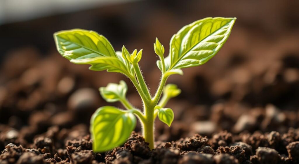 A close-up, high-resolution photograph of a healthy, thriving tomato seedling ready for transplant. The seedling has thick, vibrant green leaves and a sturdy stem emerging from a nutrient-rich soil. The image is captured in soft, natural lighting, with a shallow depth of field that gently blurs the background, allowing the seedling to be the focal point. The overall composition emphasizes the optimal timing for transplanting, showcasing the seedling's size, vigor, and readiness for the next stage of growth.