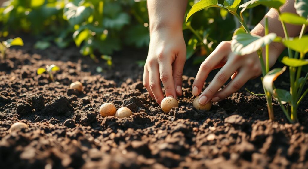 A lush garden setting with a close-up focus on the ground. The soil is dark, rich, and freshly tilled, ready for planting. In the foreground, several hands carefully push potato seed pieces into the earth, their fingers gently pressing them down. Soft, natural lighting filters through the leaves of nearby plants, casting a warm glow over the scene. The background features verdant foliage, hinting at the bountiful harvest to come. The overall mood is one of tranquility, care, and the anticipation of a successful crop.