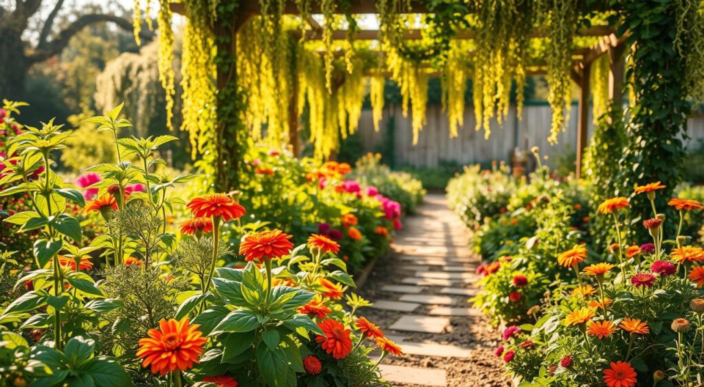 A lush, idyllic garden scene showcasing natural pest control methods. In the foreground, a variety of companion plants - basil, marigolds, and chrysanthemums - stand tall, their vibrant colors and intricate foliage creating a tapestry of life. Meandering pathways wind through the middle ground, inviting the viewer to explore. In the background, a sun-dappled arbor drips with trailing vines, providing a natural framework for the scene. The warm, golden light bathes the entire composition, conveying a sense of harmony and balance between the natural world and effective, environmentally-friendly pest management.
