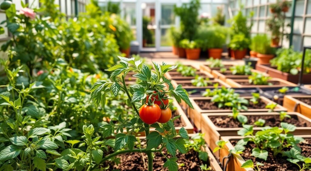 A lush, meticulously organized garden space with a diverse arrangement of companion plants thriving around a central tomato plant. The foreground showcases the tomato plant, its leaves and ripe fruits surrounded by a harmonious blend of herbs, flowers, and leafy greens. The middle ground features neatly spaced raised beds brimming with healthy soil, strategically placed to maximize efficiency. In the background, a sun-dappled patio or small greenhouse provides a warm, inviting atmosphere, complemented by the soft, natural light filtering through the verdant foliage. The overall scene conveys a sense of balance, productivity, and a deep connection between the plants and their environment.