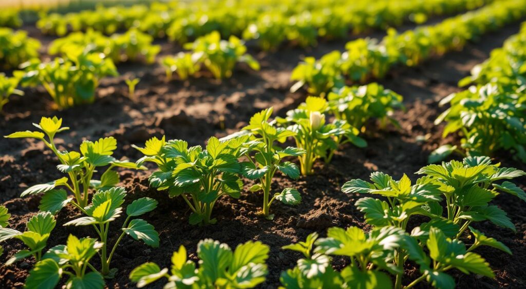 A lush, well-tended potato plant garden under soft, warm sunlight. The foreground features vibrant green foliage with healthy leaves, stems, and roots emerging from the rich, dark soil. The middle ground showcases several potato plants in various stages of growth, some with blooming flowers. In the background, a row of potato plants stretches into the distance, creating a sense of depth and bountiful harvest. The lighting is gentle, casting long shadows and highlighting the intricate textures of the plants. The overall scene conveys a peaceful, nurturing atmosphere, inviting the viewer to observe the care and attention required to cultivate a thriving potato crop.
