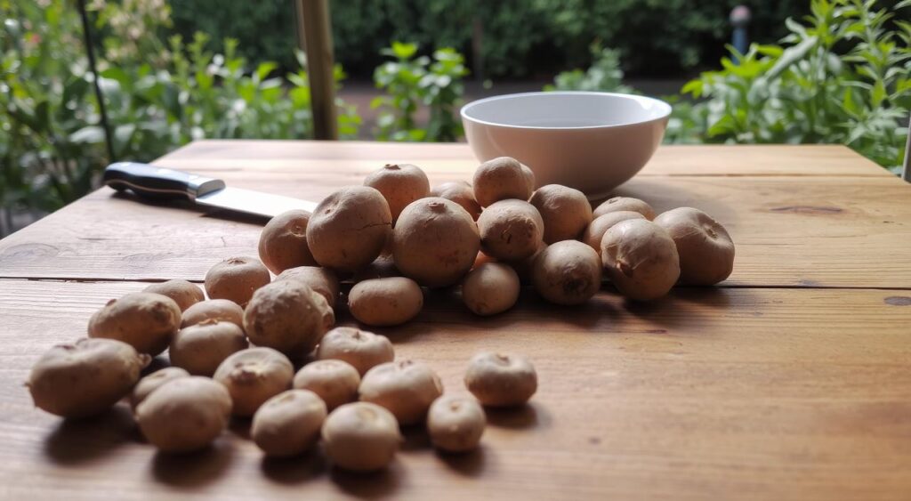 A neatly organized wooden table, its surface illuminated by soft, natural lighting. In the foreground, a selection of freshly harvested seed potatoes are carefully arranged, their rough-textured skins and distinctive eyes clearly visible. Behind them, a clean knife and a shallow bowl filled with water stand ready for the preparation process. The background showcases a lush, verdant garden, hinting at the potatoes' forthcoming journey from seed to bountiful harvest. The scene conveys a sense of mindful attention and the peaceful rhythm of gardening, inviting the viewer to immerse themselves in the rewarding task of growing potatoes.