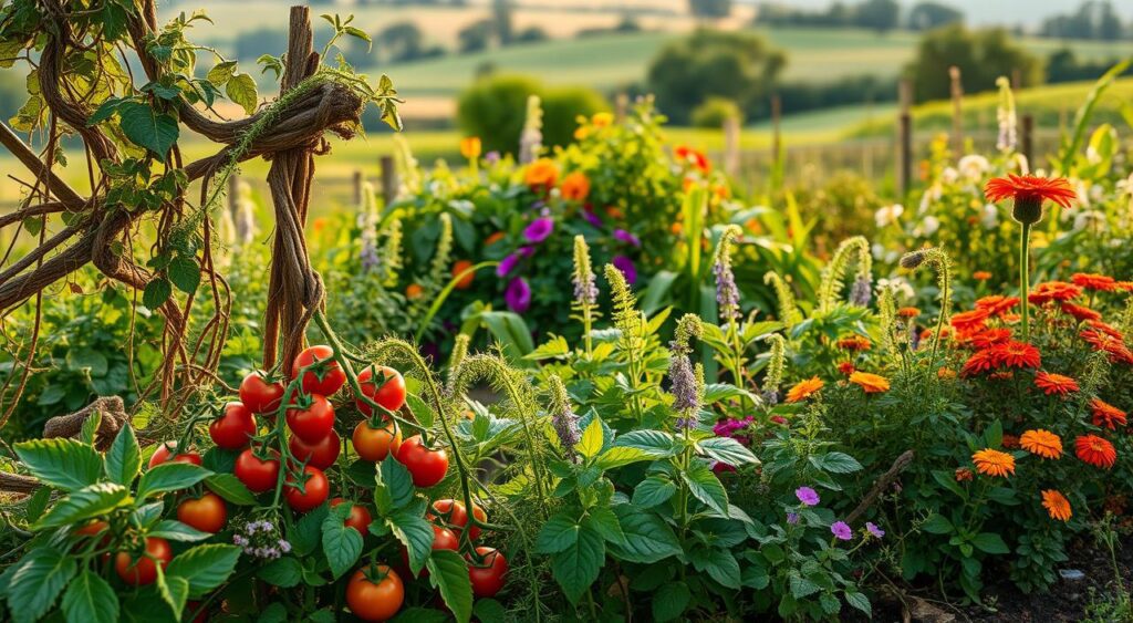 Lush and vibrant polyculture garden design, with a diverse array of companion plants thriving in harmonious arrangement. The foreground features a bountiful vegetable patch, with tomato plants intertwined with cascading vines, aromatic herbs, and vibrant flowers. The middle ground showcases a tapestry of leafy greens, trailing vines, and bursts of color from a variety of flowering companion plants. In the background, a softly blurred natural landscape provides a serene, pastoral backdrop, bathed in warm, golden-hour light. The overall scene conveys a sense of abundance, balance, and the beauty of a thoughtfully designed, productive polyculture garden.