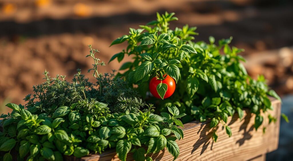 Lush, vibrant herbs artfully arranged in a rustic wooden planter, casting soft shadows under natural lighting. In the foreground, a variety of leafy greens like basil, oregano, and thyme intermingle, their textures and hues creating a visually striking composition. The middle ground features a larger, central focal point - a healthy, full-grown tomato plant, its ripe fruits glistening. In the background, a blurred, earthy landscape sets the stage, hinting at the ideal growing conditions for these complementary plants. An atmospheric, serene mood pervades the scene, highlighting the harmony and synergy of these companion herbs nurturing the thriving tomato.