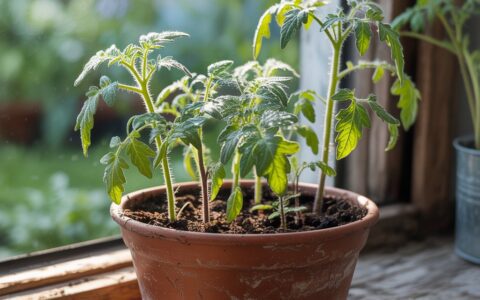 Tomato seedlings in a pot in a window sill.